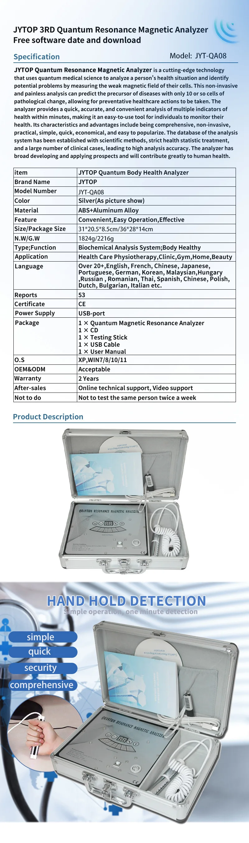 JYT-QA08 Bioresonance Magnetic Quantum Analyzer Qrma Body