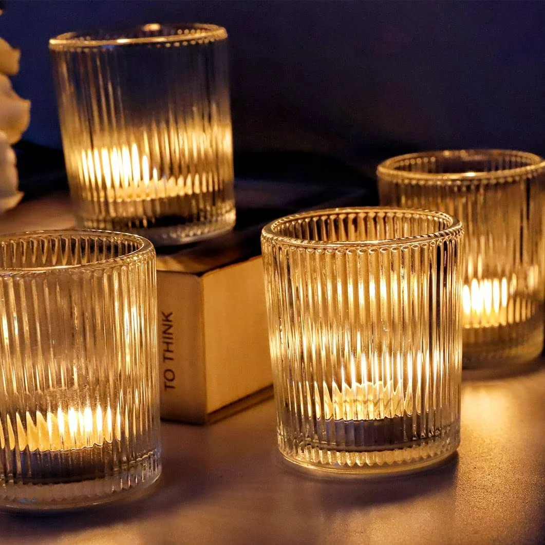 3 Ounce Retro Small Cylinder Vertical Stripe Ribbed Glass Candle Holder Votive Wax Jar for Tealight