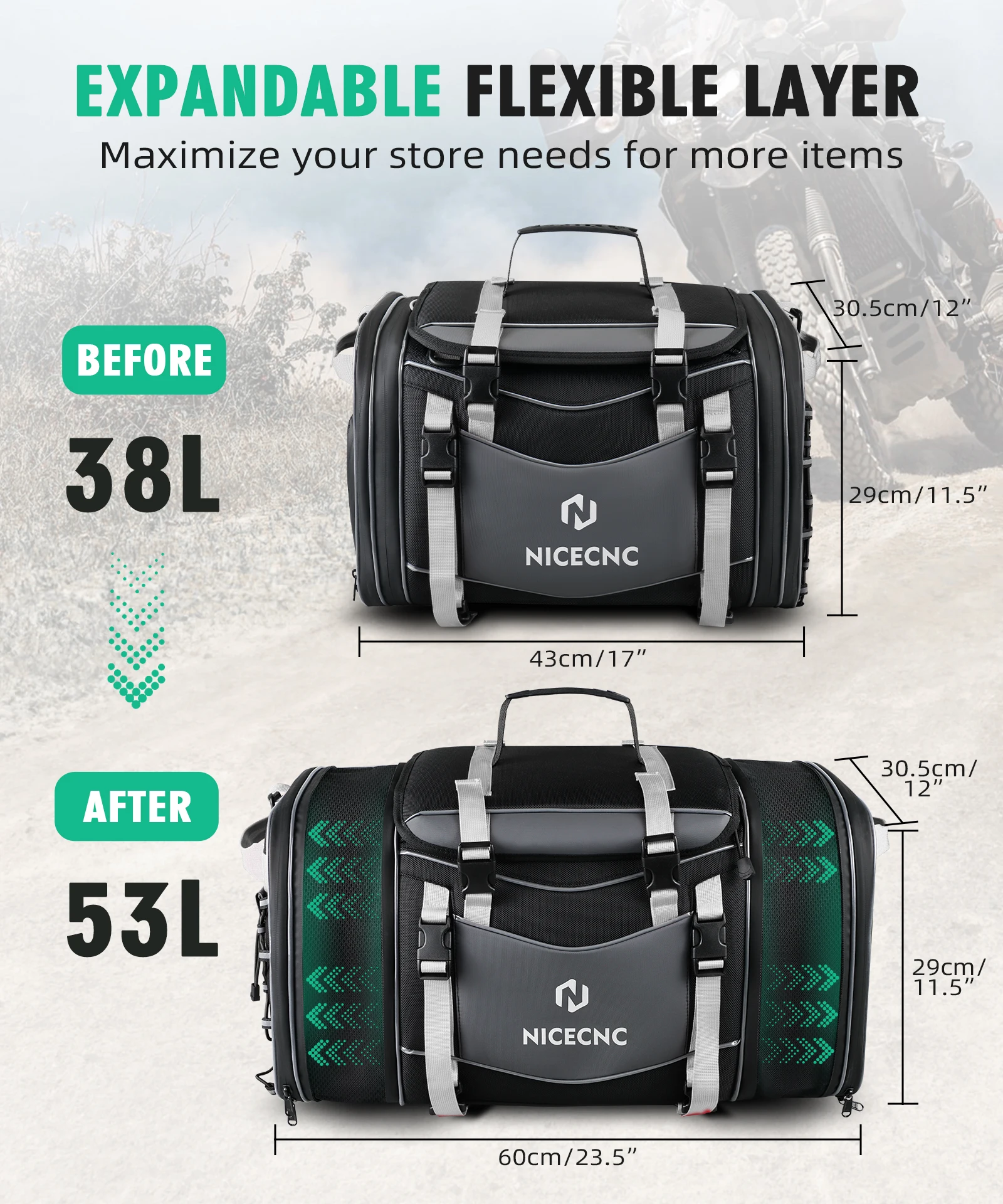 Nicecnc 58L Tail Bag - Expandable Luggage for Motorcycle Touring
