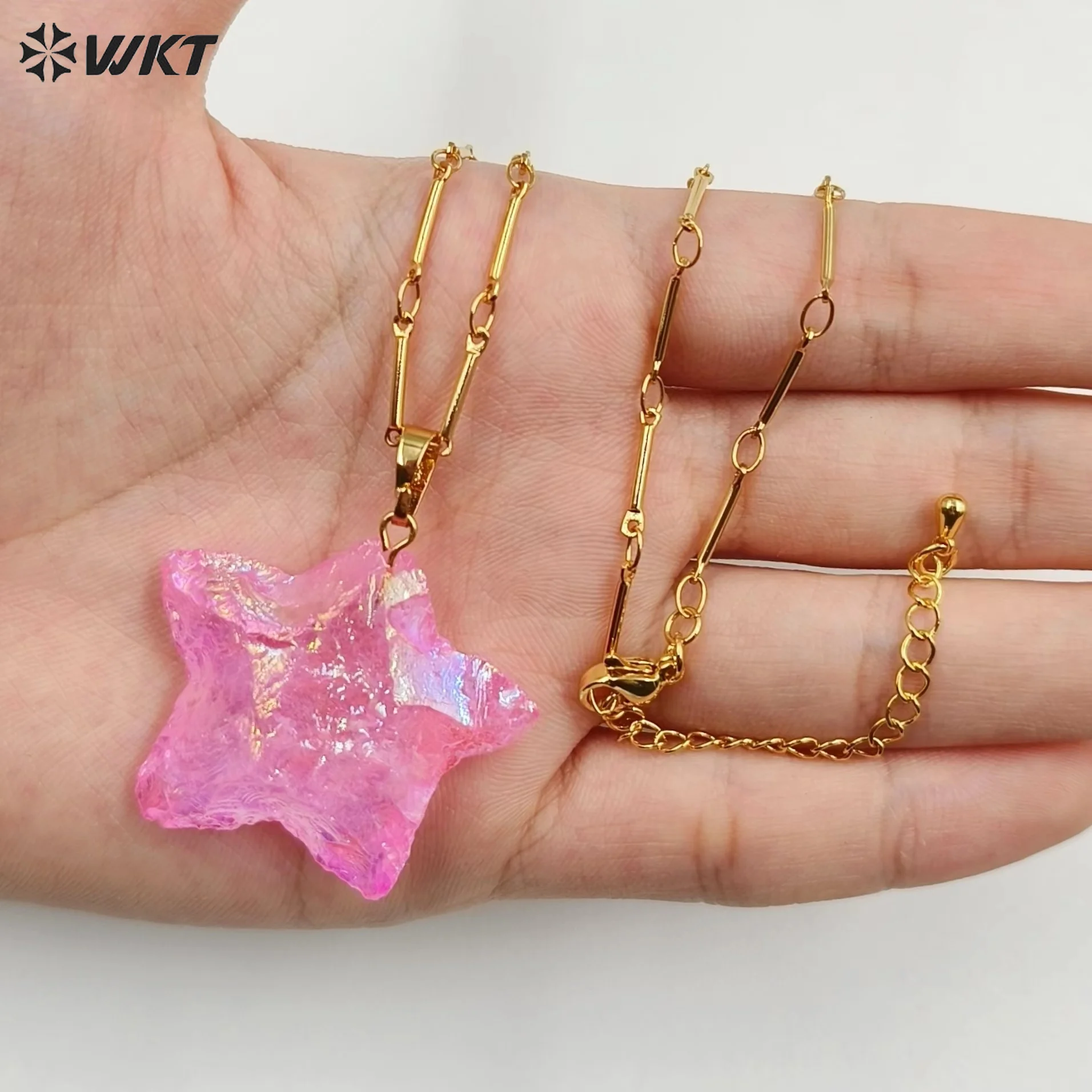 WKT Natural Pink Opal Necklace - 18K Gold Plated Star Shape