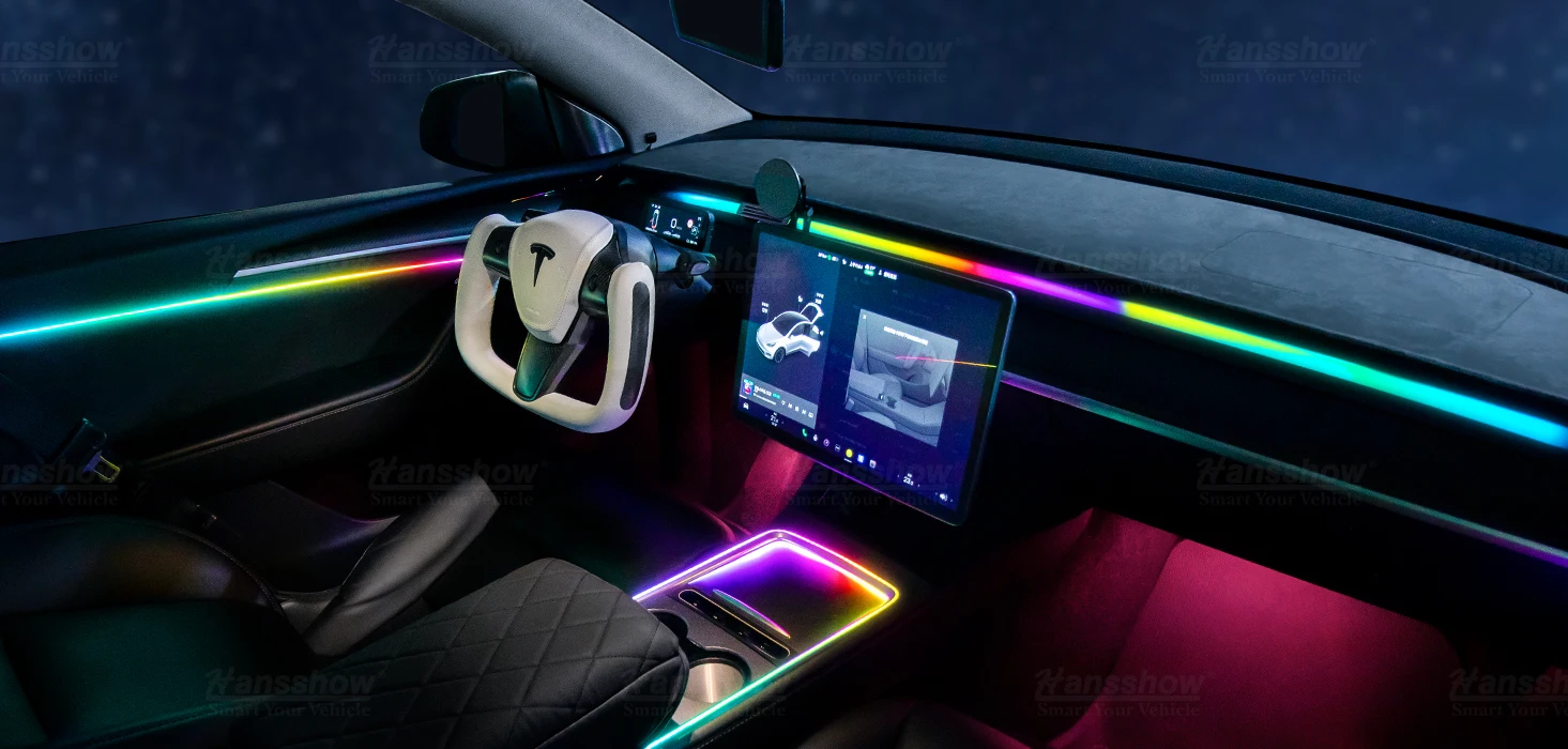Kit éclairage Ambiant LED Tesla Model 3/Y - Bande Acrylique Dreamcolor 55,1 Pouces Avec Hub USB, RGB, Contrôle App Et Détection Sonore