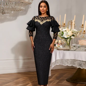 AM050821 Vintage 3/4 Lace Ruffles Sleeve Appliqued High Waist Jacquard Black Bodycon Maxi Formal Women's Party Dress