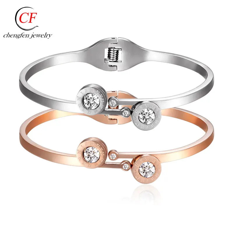 Simple Design Rose Gold Color Circle Cuff Bangles With Stone Stainless Steel Ladies Wedding Bangle
