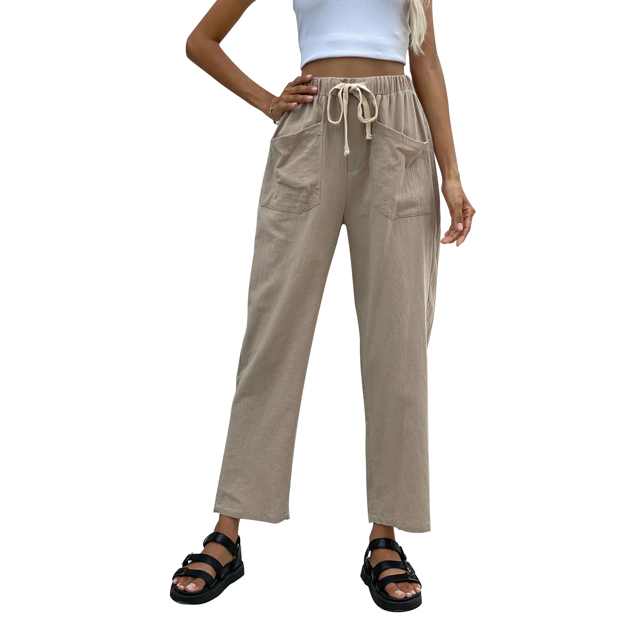 Solid Color Elastic Waist Pants 