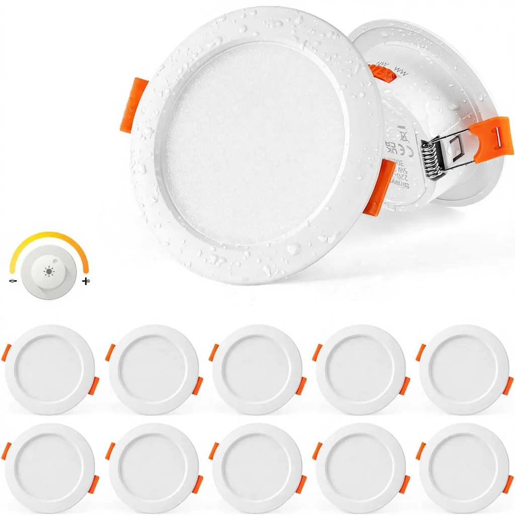Sineyon LED ойыс сәулелендіргіштері, 230 В, ярлықтыруға болады, 10 дана, 5 Вт, 68 мм, 3000 К, 4000 К, 6000 К, жылы/салқын ақ, баня үшін IP44, таванға орнатылатын