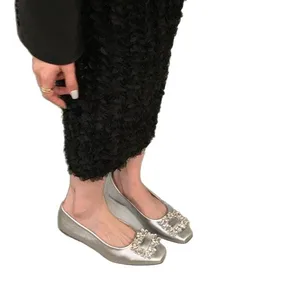2026 New Style Womens Black Business Flat Shoes Elegant Square Toe Silver Accents  Rhinestone Details