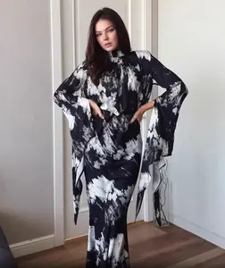 Satin Print Maxi Dresses for Women Fashion Streetwear Irregular Sleeve High Waist Lace-up Robe Club Party Evening Long Dress