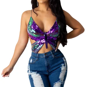 Hot Sale Summer Club Sexy Butterfly Shape Sequin Women's Bra Cropped Top Party Short Sequin Bra Tank Tube Tops