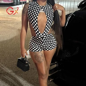 GX25250 Fashion 2025 Summer Clothing Vendor Sexy Women Nigh Club Wear Sleeveless Hollow Out Bodysuit and Shorts 2 Piece Set