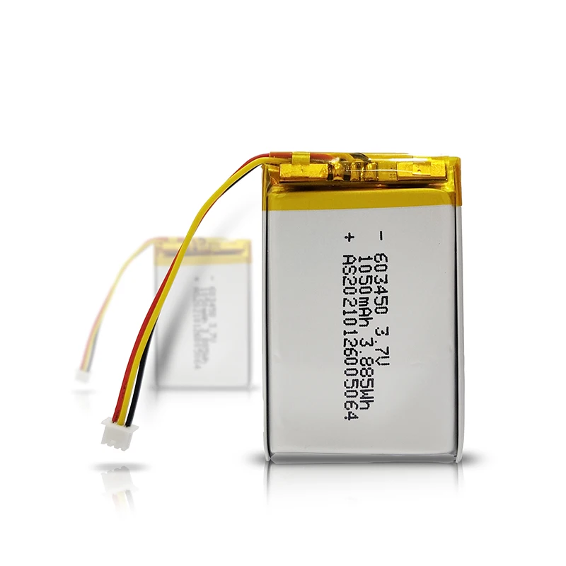 IEC62133 UL KC UN38.3 approved 3.7v 1050mah 603450 lithium polymer battery with pcm wires