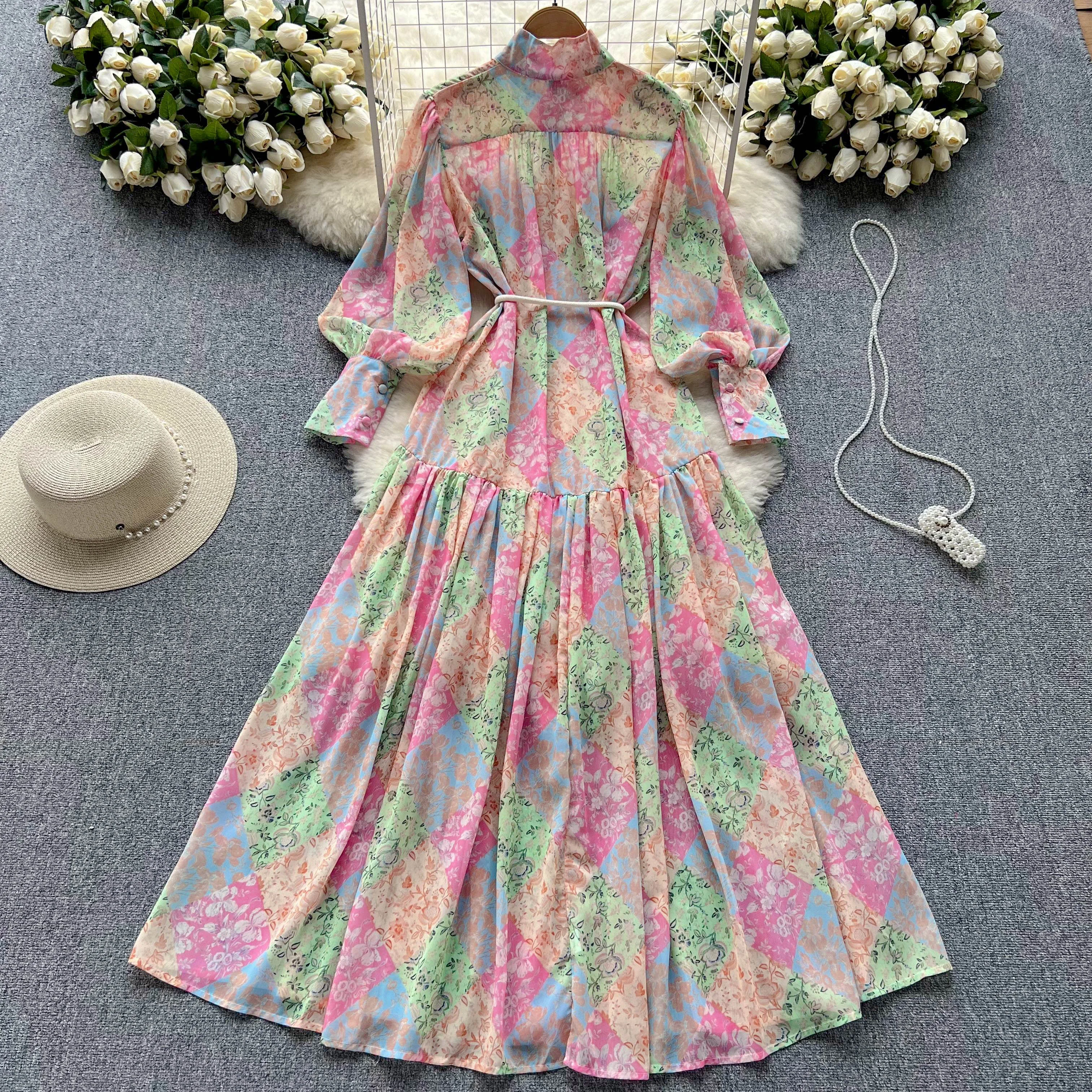 Spring Autumn Thin Long Sleeve Standing Collar Premium Printed Women's  Loose Long Chiffon Dresses