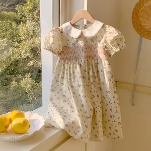 Summer Vintage French Style Girls Dress 3-8 Years Short-Sleeved Sweet Doll Collar Smocked Floral Casual Puff Sleeve Ruffles