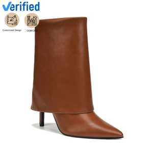 Chic Women's Brown PU Knee-High Pointed-Toe Stiletto Heel Boots Slip-On Ankle Height Increasing with Fold-Over Cuff for Winter