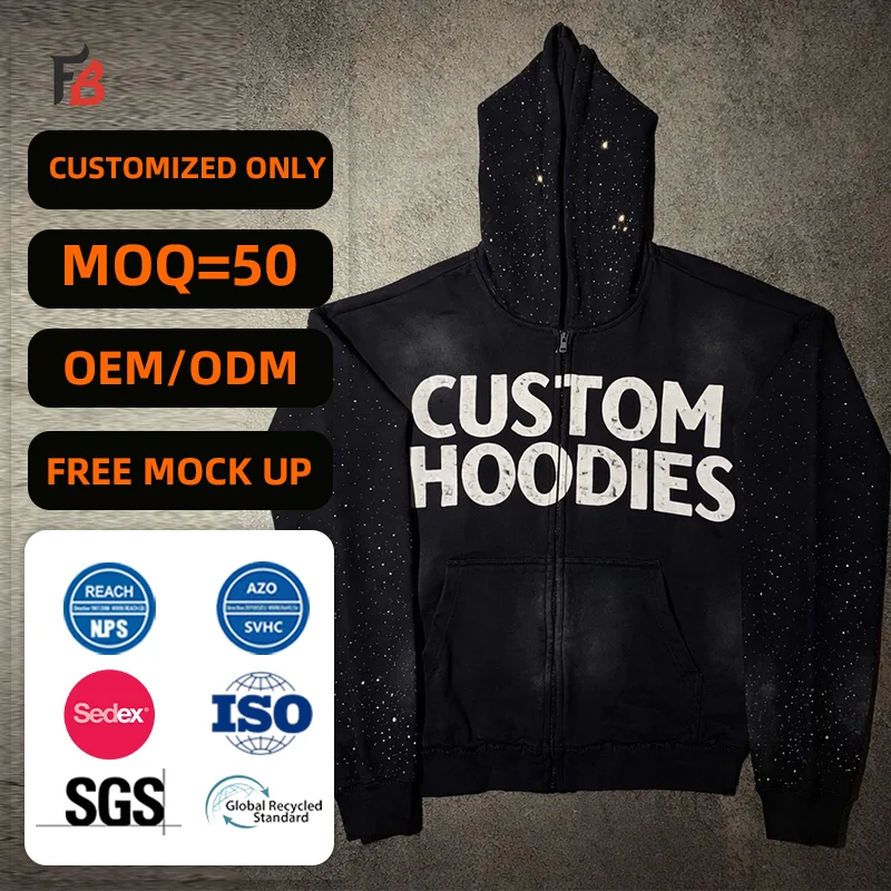 Custom 500 Gsm Heavyweight Cotton Fleece Hoodie Oem Acid Wash Print Zip up Hoodies