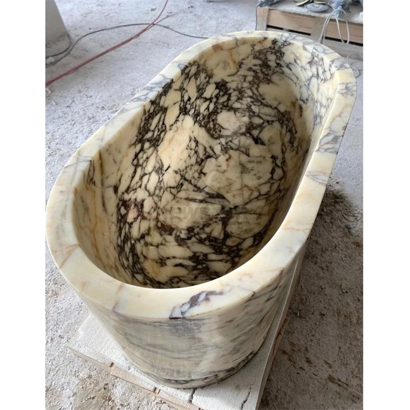 Newstar Calacatta Viola Marble Design Hand Carved Solid Freestanding Bathtub Natural Stone Bathtub Marble Bathtub