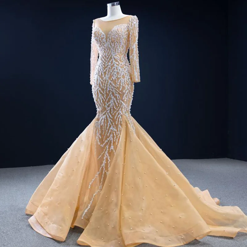 Jancember RSM67211 Mermaid Gold Beading Long Evening Dresses 2020 Formal