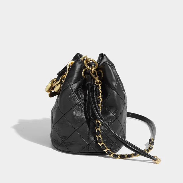 2024 new chain Ring-grid mini bucket bag autumn and winter texture crossbody bag female hand bag
