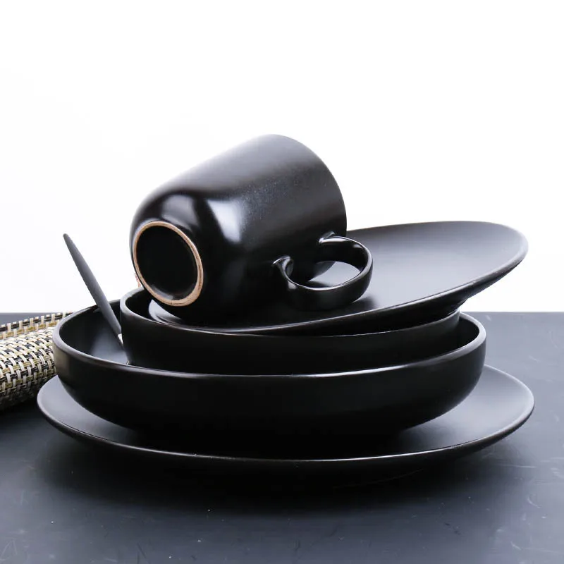 Ceramic Dinnerware Set Matt Black Porcelain Dinner Sets With Gold Rim Japanese Style