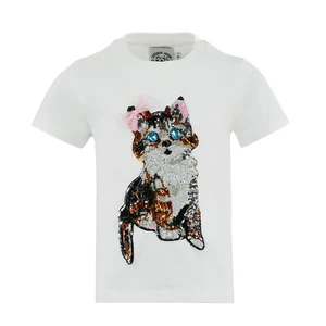 Custom Girls Cat Pattern T-Shirt Short Sleeve Cotton Kids Clothing O-Neck Collar Sequined Patches Printed T-Shirt