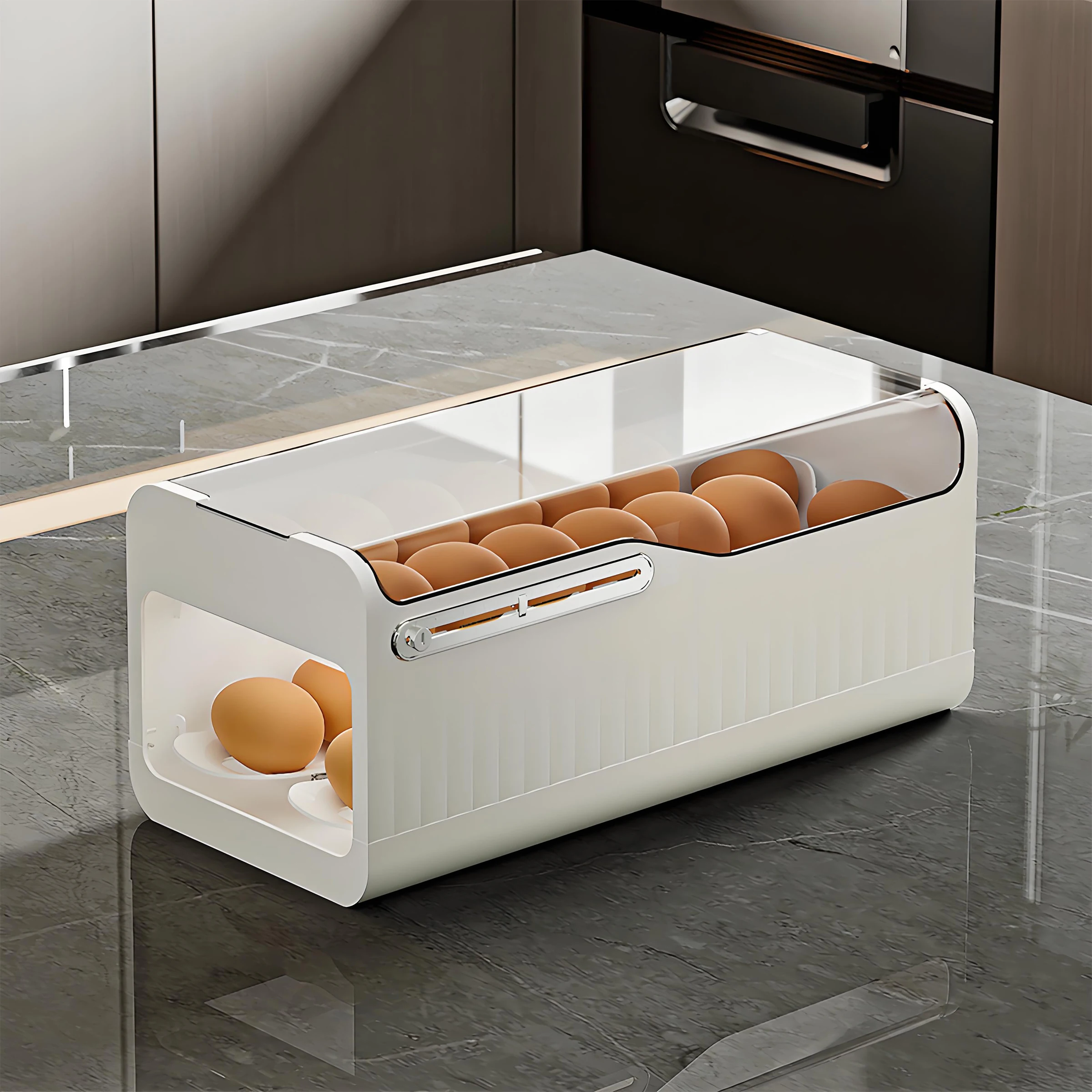 2-etters eggdispenser til kjøleskap, rull ned, 30 eggsholder, lagringsboks, containere