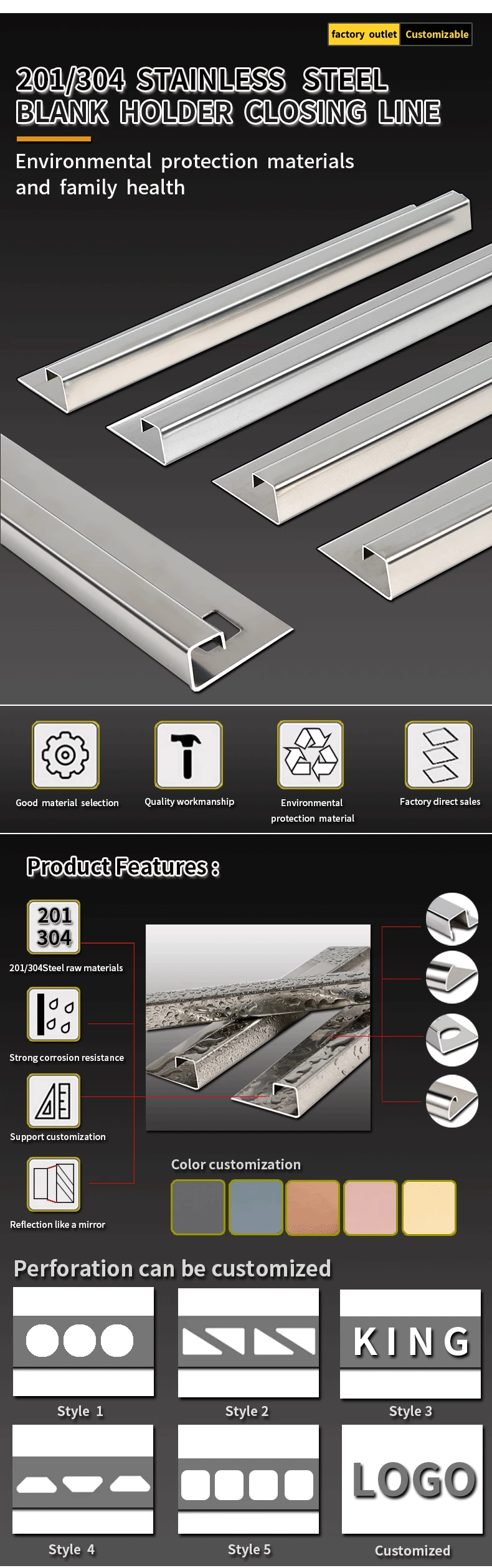 Thickness Ceramic Trim Stainless Steel Metal Tile Trim Corner For Edges Decorative details