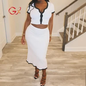 GX24002 Summer Knitted Skirt Outfit 2026 Women Clothes Vendor Short Sleeve V-neck Cropped Top and Long Pleated Skirt 2 Piece Set