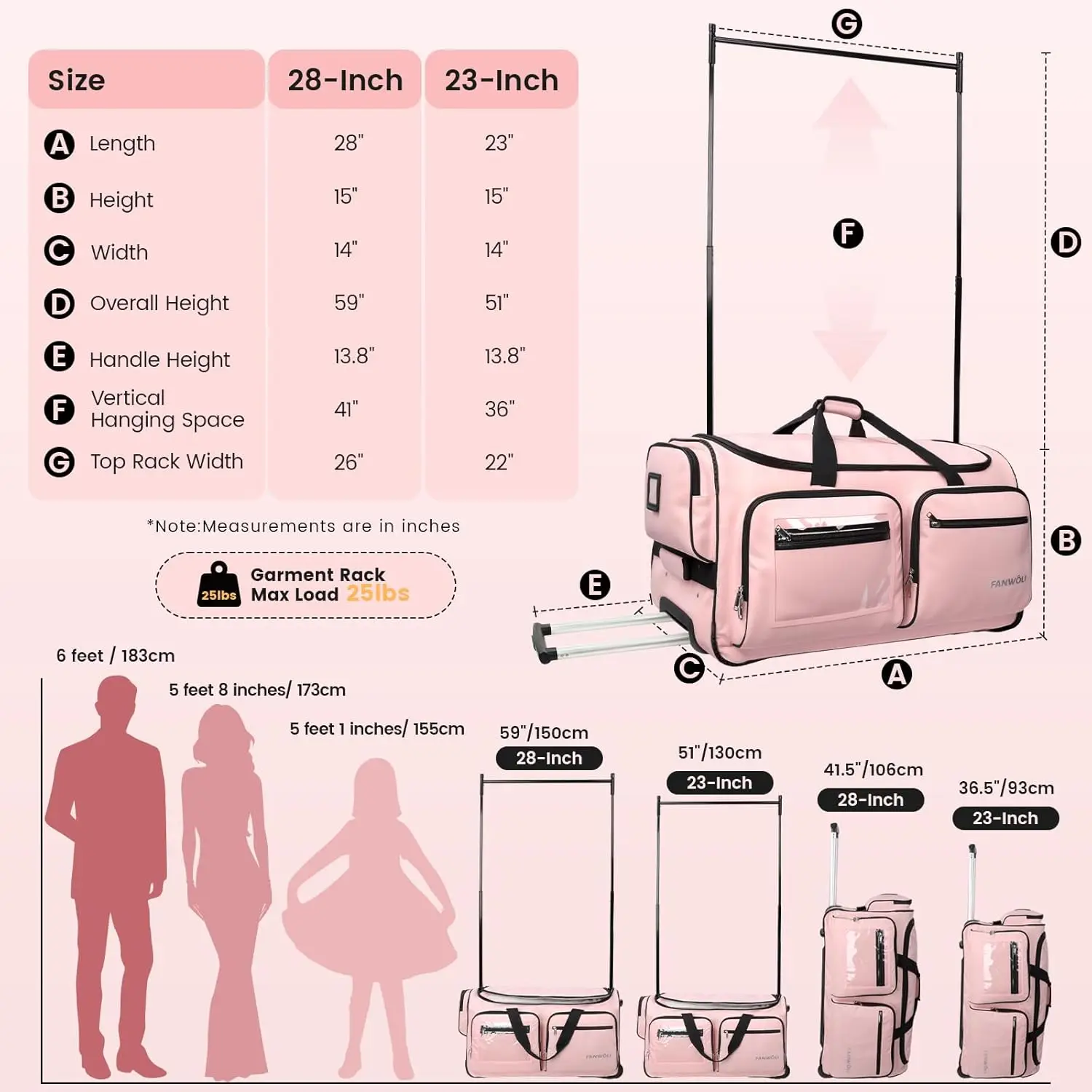 Free Sample Custom Zipper Pocket for Dance Costume Wedding Gown pink Dance Bags with Garment Rack Luggage Travel Bags