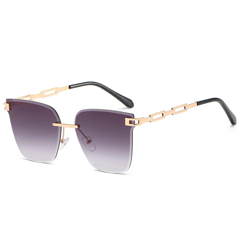 Luxury Style Brand Design Gold Chain Frame Rimless Diamond Cutting Charming Women Square Cat Eye Sunglasses