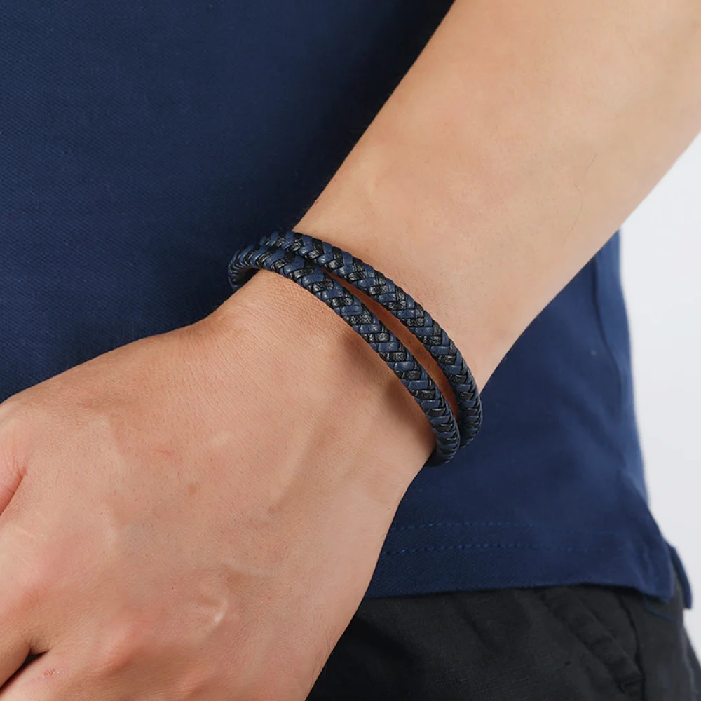 FOCALOOK Men's Magnetic Clasp Leather Bracelet - Black Braided Microfiber Cord, Stainless Steel, 7.48" Or 8.27" Length - View #3
