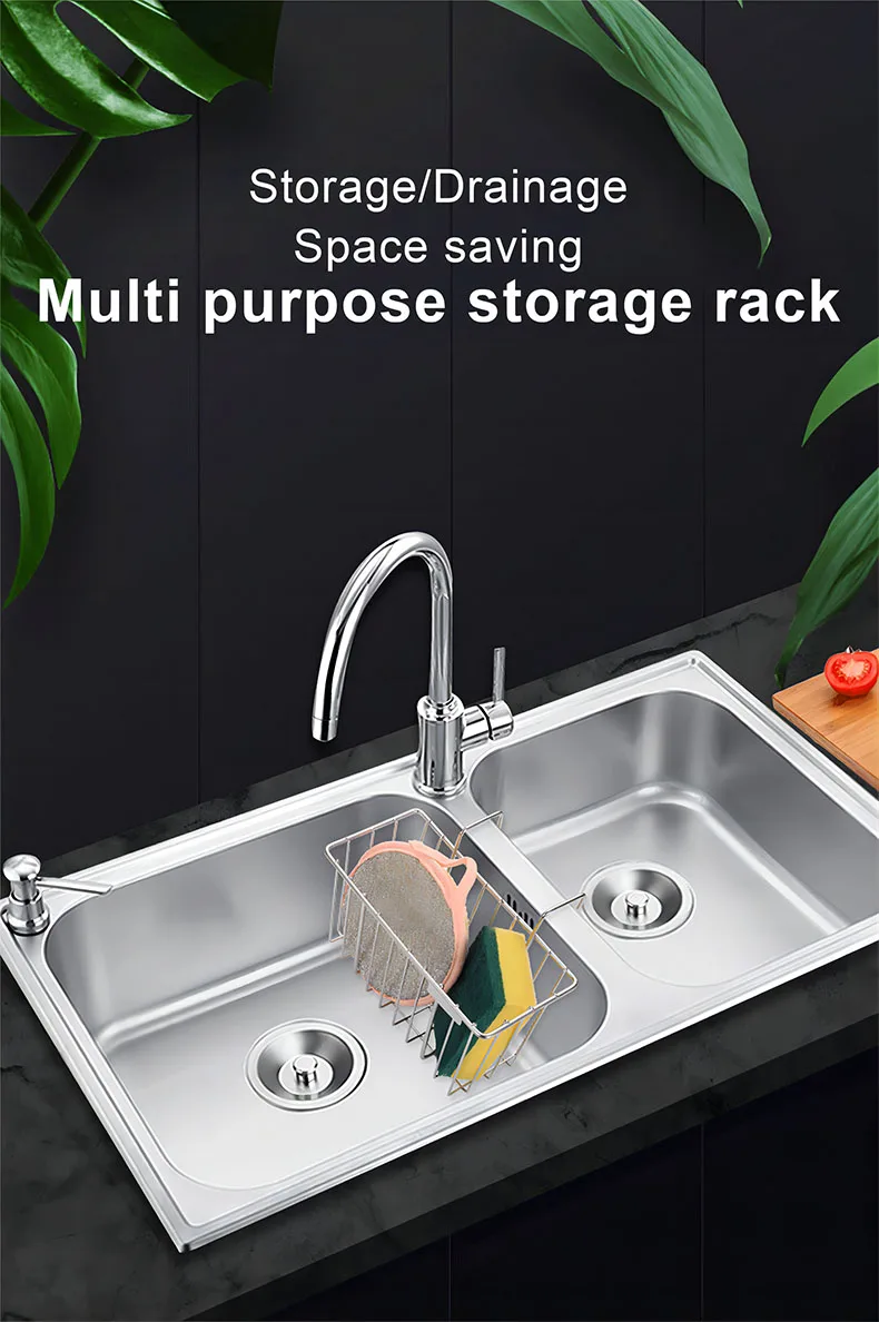 Eco-Friendly Single-Tier Stainless Steel Kitchen Sink Caddy Instant Dry Holder for Sundries Storage Durable Metal Material