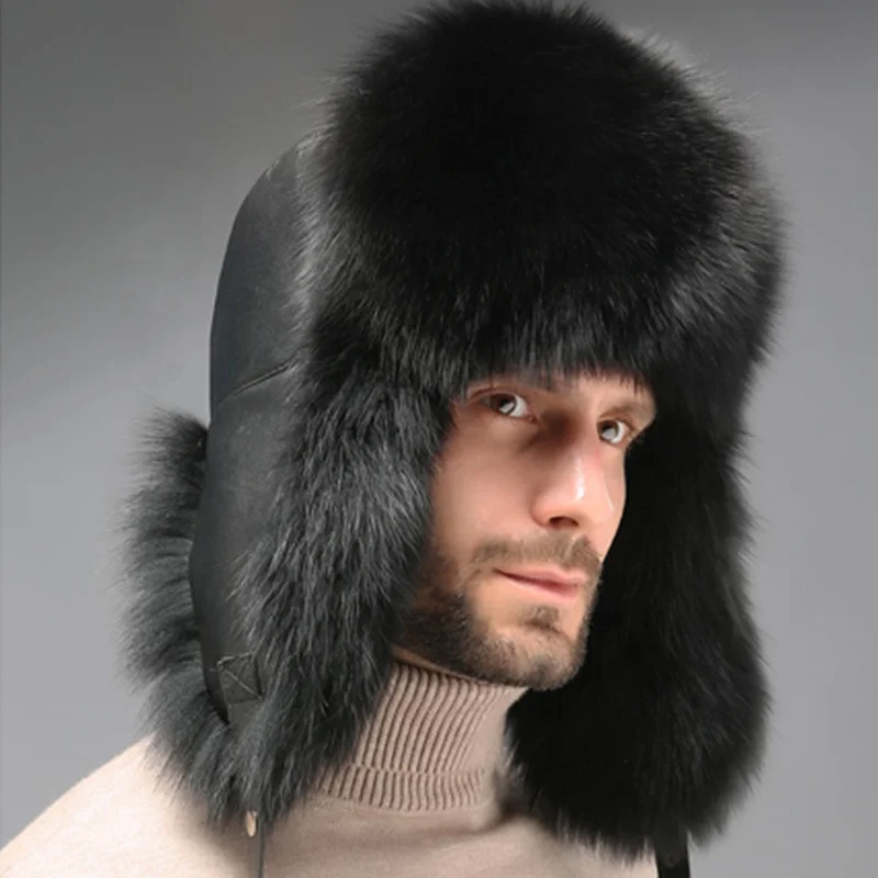 2021 Silver Fox Fur Russian Ushanka Hat Black Leather Earflap