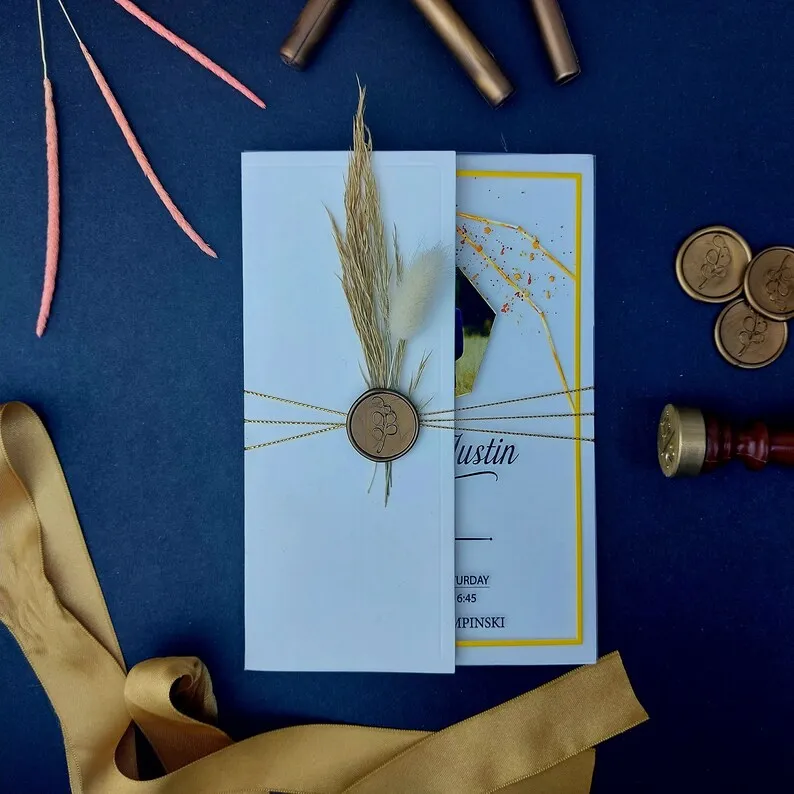 Новый продукт мусульманское белое приглашение на свадьбу роскошное свадебное с восковой печатью и сушеным цветком для Quinceanera