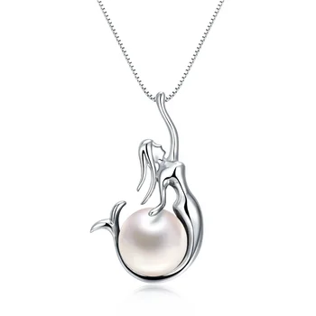 MOYU Fashion 925 Sterling Silver Mermaid Pendant Jewelry White Imitation Pearl Necklace for Women Girls