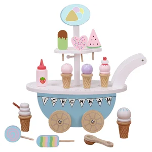 Educational Pretend Play Kitchen Set for Kids Wooden Ice Cream Cart with Treats Imaginary Dessert Stand Role Play Toy
