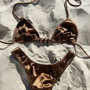 Swimwear Manufacturer Custom Bikini Lace up Luxury Solid Blank Swimsuit Women Sexy Triangle Low Thong String Micro Bathing Suit