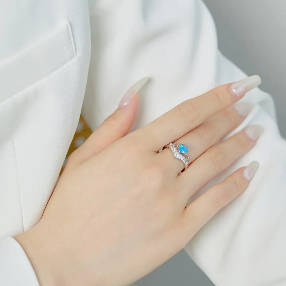 KAKODIY 925 Sterling Silver Heart Star 5A Cubic Zirconia Ring Wedding Engagement Promise Blue Opal Ring Jewelry for Women detail 5