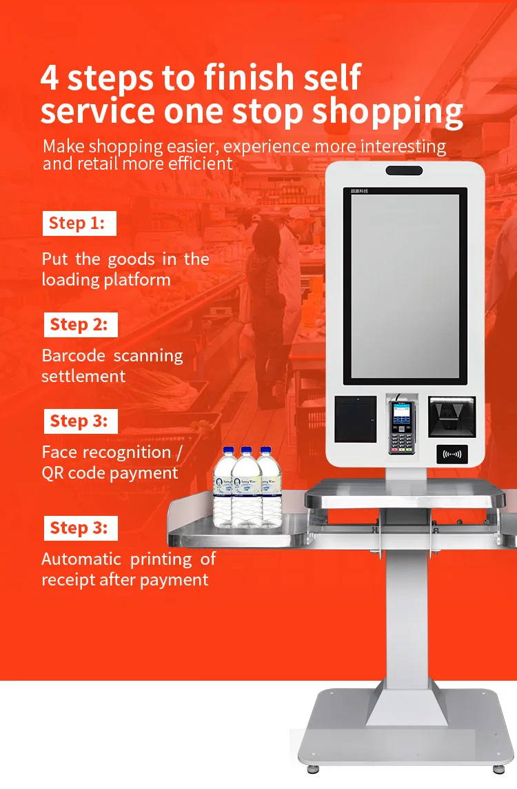 Self Service Kiosk with Pos Card Reader Slot Cash Register Billing Machine Pos Systems 80mm Automatic Cut Printer Scanner Pos