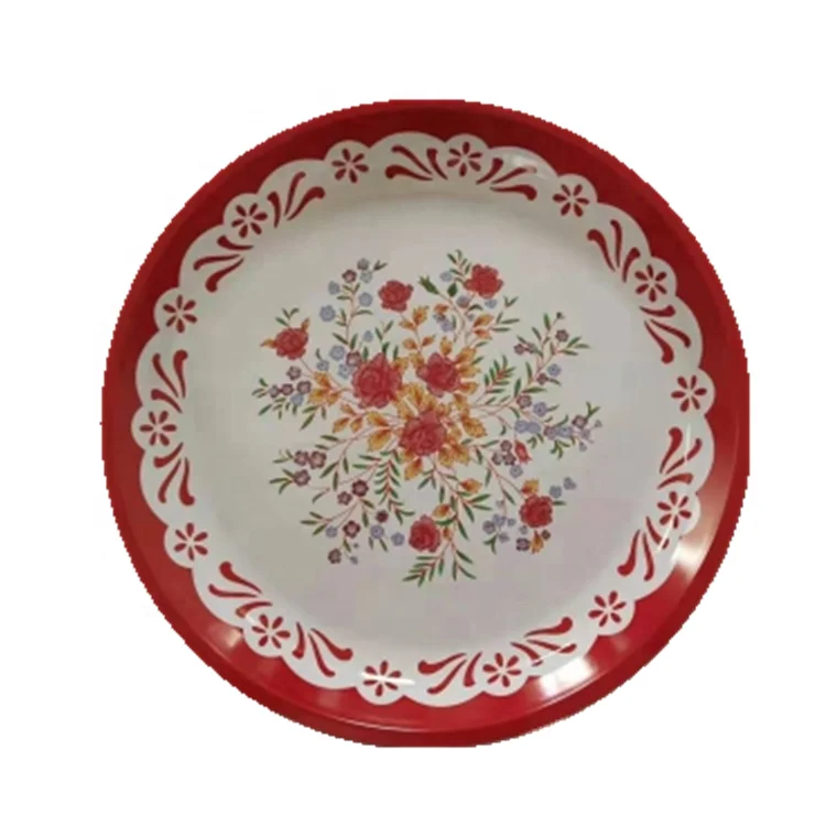High Quality Tableware Iron Metal Printed Flower Round Tray Dinner Plate