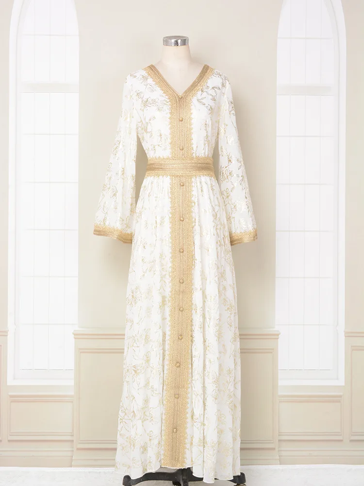 Autumn Spring Two-Piece Elegant Modest Dress for Muslim Women Gold Stamping  Flower Lace Embroidered Sequin Bubble Sleeve Casual| Alibaba.com
