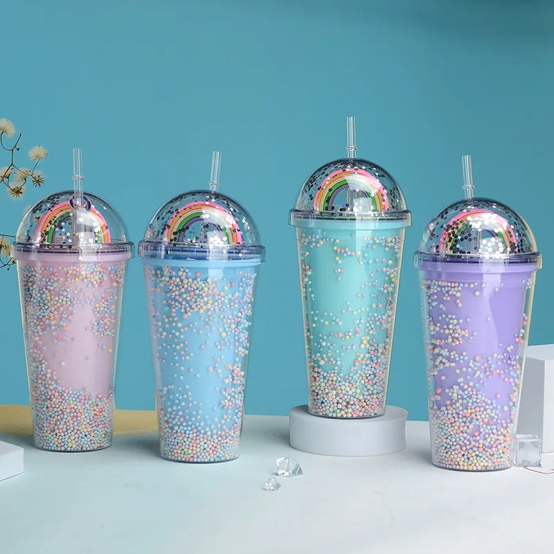 ZUARFY 550ml Creative Rainbow Plastic Water Bottle Double Layer Shiny  Quicksand Sequins Kawaii Drinking Cup with Straw Lid Coffee Juice Tumblers  Mug Drinkware 