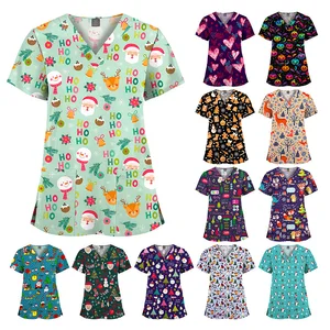 Printed Christmas Hospital Scrubs Nursing Sets Short Sleeve Top Printed Polyester Elastic Shirt Womens Scrubs Top