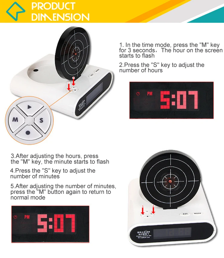 New Design Lazy Wake up Clock Gun Shooting Target Sunrise Alarm Clock for Sale
