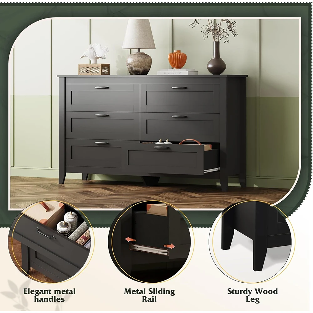 product nu deco modern black wood dresser with 6 drawers and metal handles large chest of drawers for bedroom storage-5
