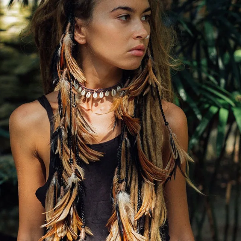 ? Brown Braided Hair Band / Necklace with Beaded Feather Accents Amazon.com : Campsis Indian Princess Peacock Feather Head  main image 3