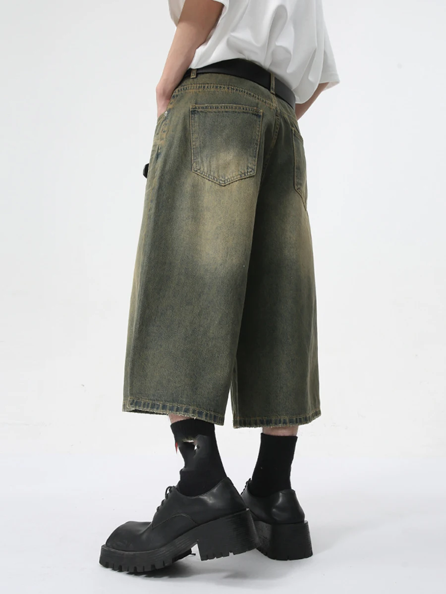 Pantaloni estivi dritti larghi da uomo, retrò, verdi, a gamba larga, drappeggiati, pantaloncini in denim corti, jeans larghi da uomo_voghion.com