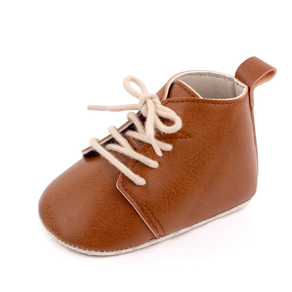 Spring and Autumn Baby Girls PU Leather British Style Front Lace-up Solid Color Infants Walking Shoes factory