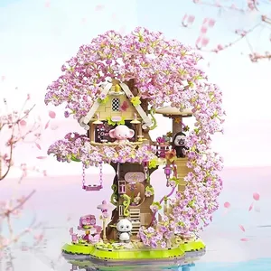 EPT New Arrival Beautiful Building Block Set Cherry Bloom Tree House with Cute Panda Romantic Cherry Tree House Block Set