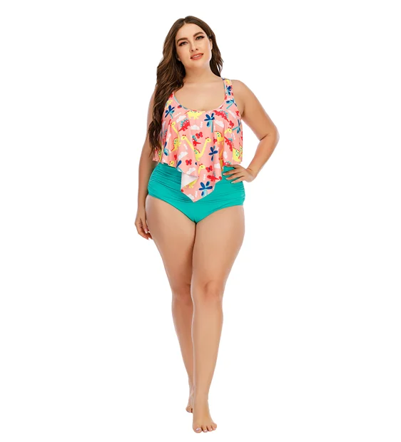 Custom Plus Size  Ruffle Animal Printed Swim Top Green Bottom Ladies Swimwear Sexy Beach Bikini