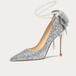 Women's Bridal High Heels Wedding Shoes Thin Heels Slip-On Closure Crystal Sequin Pearl Chain Bowknot for All Seasons-