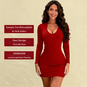 High Quality Women's Clothing Dresses Long Sleeve v Neck Solid Simple Ribbed Short Casual Dresses